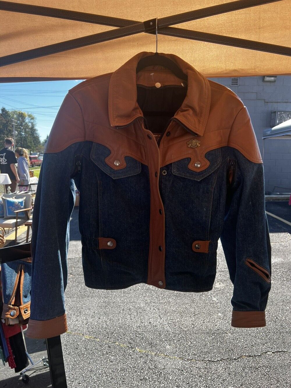 Hein Gericke Ladies Of Harley Motorcycle Jacket Tan Brown Leather Denim 80s M